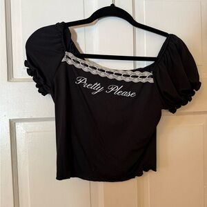 Black Puff Sleeve Top with Embroidered Detail